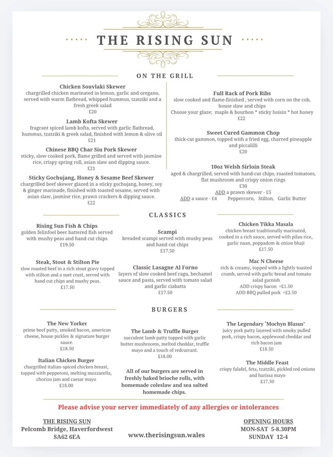 Evening Menu